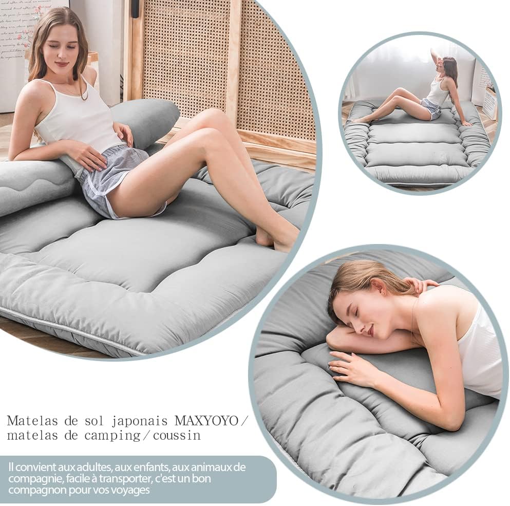Maxyoyo Japanese Floor Mattress, Futon Mattress, Thicken Tatami Mat, Sleeping Pillow, Foldable, Roll-Up Mattress, Dormitory, Mattress, Floor Lounger, Pillow, Bed (Grey, Double)