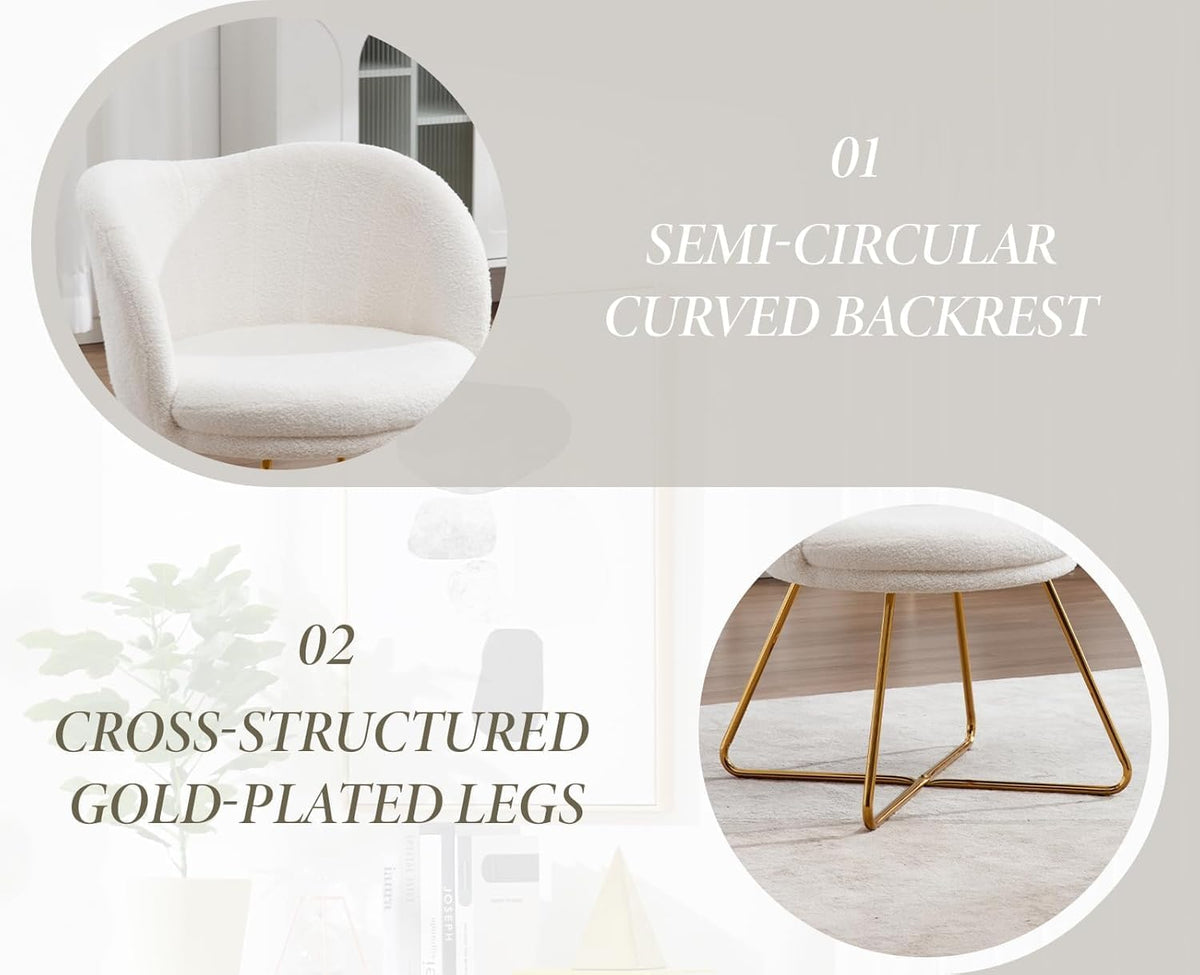 chairus Imitatiebont Fauteuil Gestoffeerde Gelegenheids Accent Stoel met Goudkleurige Metalen Poten Cocktailstoel voor Woonkamer Balkon/Kaptafel, Wit
