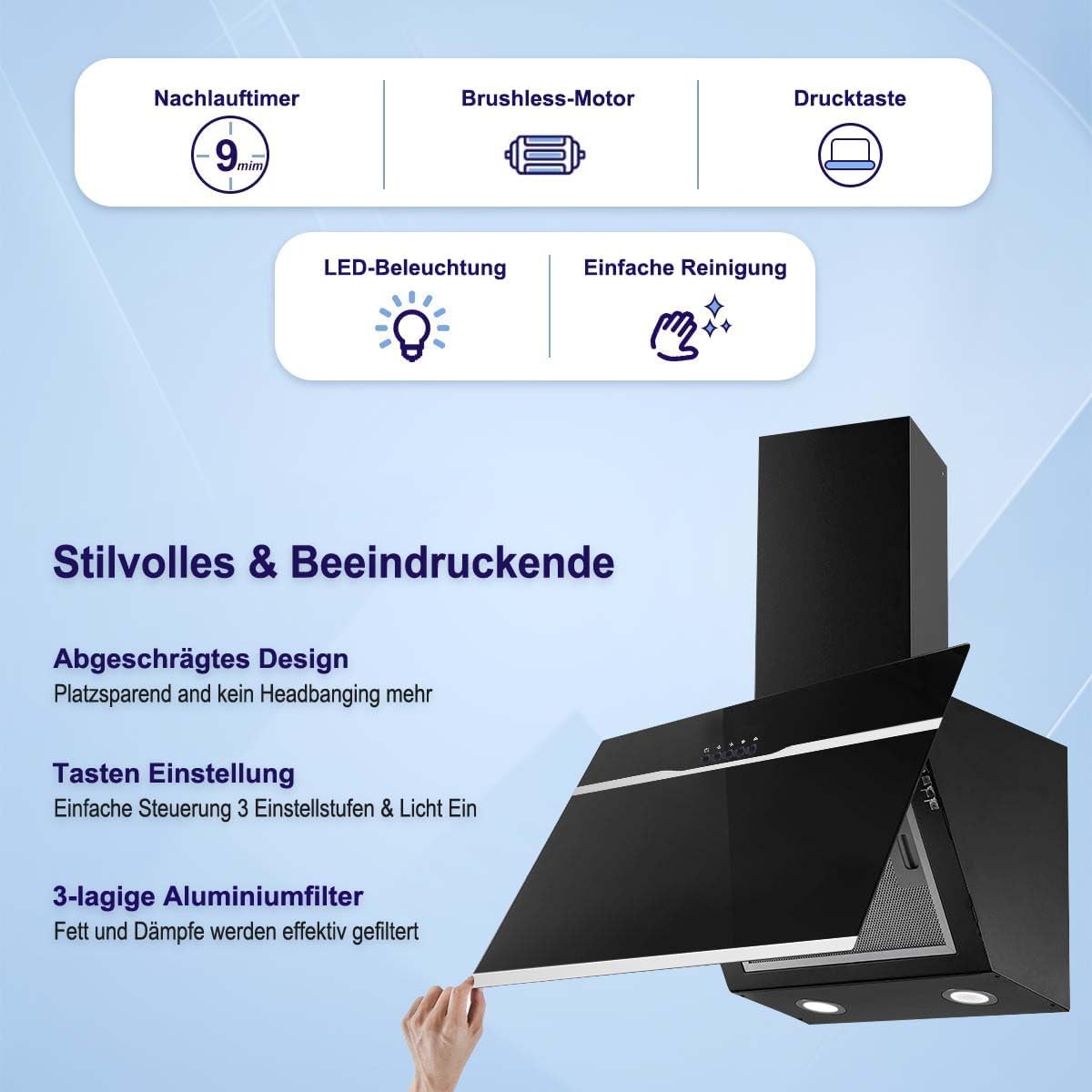 SNDOAS Afzuigkap 60 cm, klasse A++, 350 m³/u, schuine keukenafzuigkap, 3 snelheden, afvoer of recycling, 56 dB, zwart