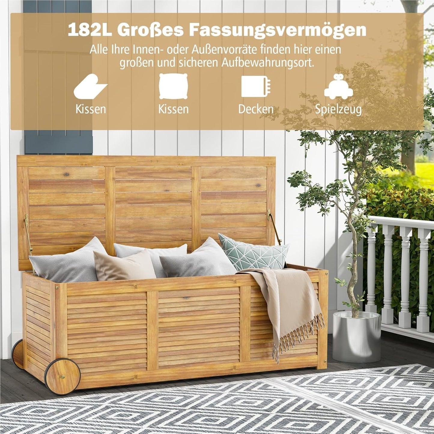 Houten Tuinbox – Opbergbox – Kist – Opbergbank – Tuinkist Met Wielen – Waterdichte Binnenzak – 127 x 50 x 45 cm