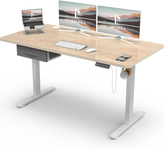 Homall Electric seating desk, 140 x 60 cm, height-adjustable table with USB connection, anti-collision system, memory control, beige