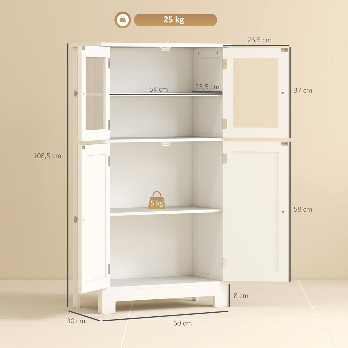 kleankin bathroom cabinet with glass doors and 2 storage compartments Storage cabinet with adjustable shelves Multi-function cabinet, anti-tilt protection, MDF, tempered glass, white, 60 x 30 x 109.5 - QUORE