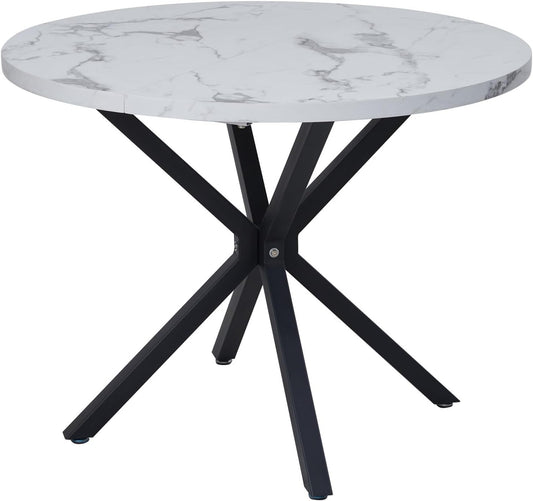 Round dining table in marble look, modern kitchen table with metal legs for dining room, kitchen, living room, etc. (white/black) - QUORE
