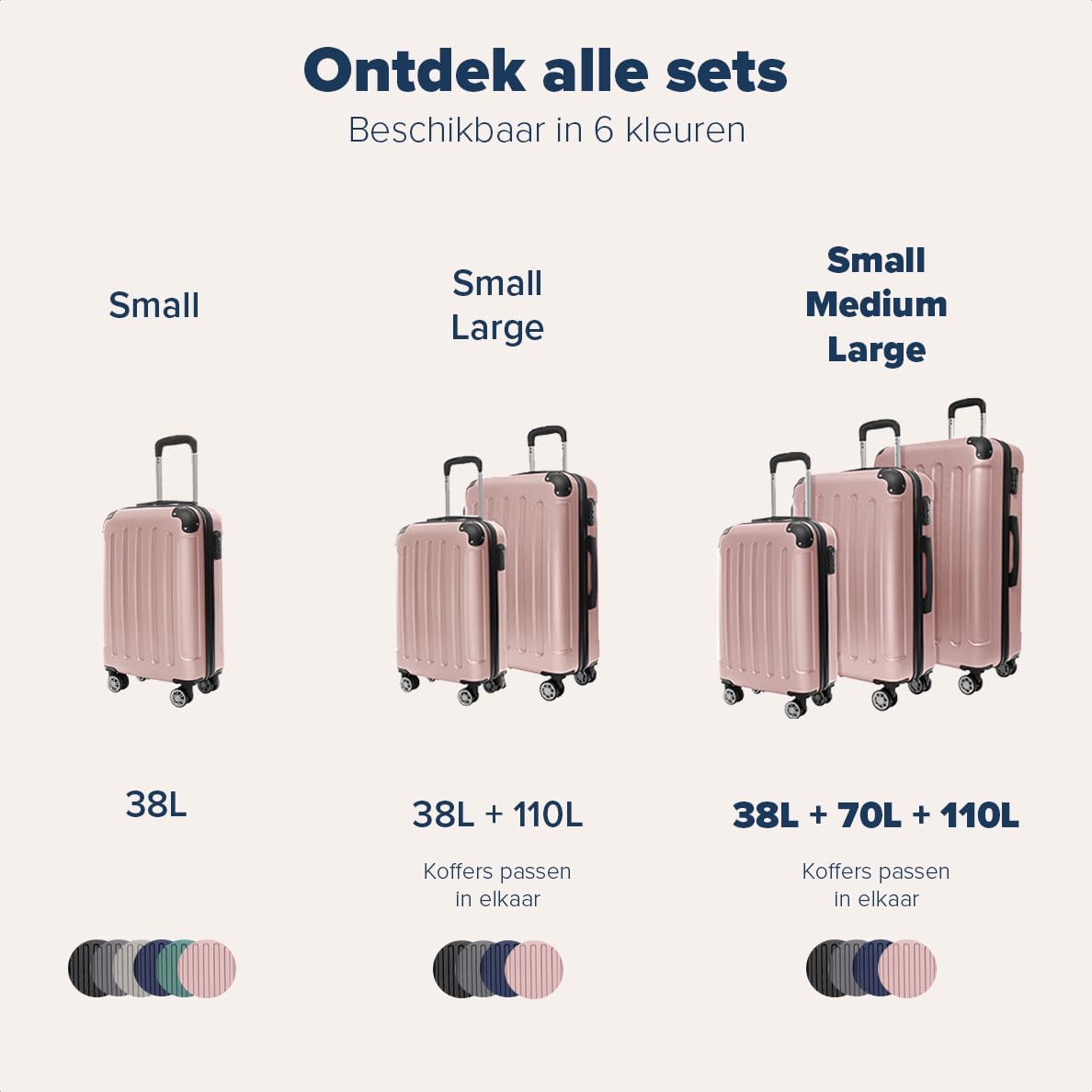 TRVLMORE Kofferset - 3 Delig - 38L Handbagage + 110L Ruimbagage - Lichtgewicht - Trolley - Reiskoffer Set - Roségoud