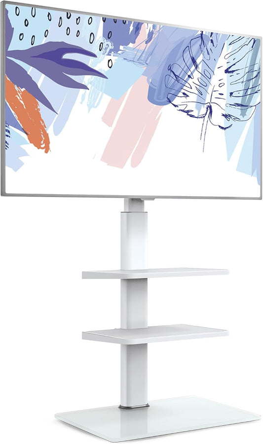 Tv-Vloerstandaard Wit – Tv Standaard – Tv Stand – Universele Tv Standaard – Vrijstaande Tv Standaard – Voor 32-60 Inch Tv met 3 Planken, Draaibaar Tot 70°