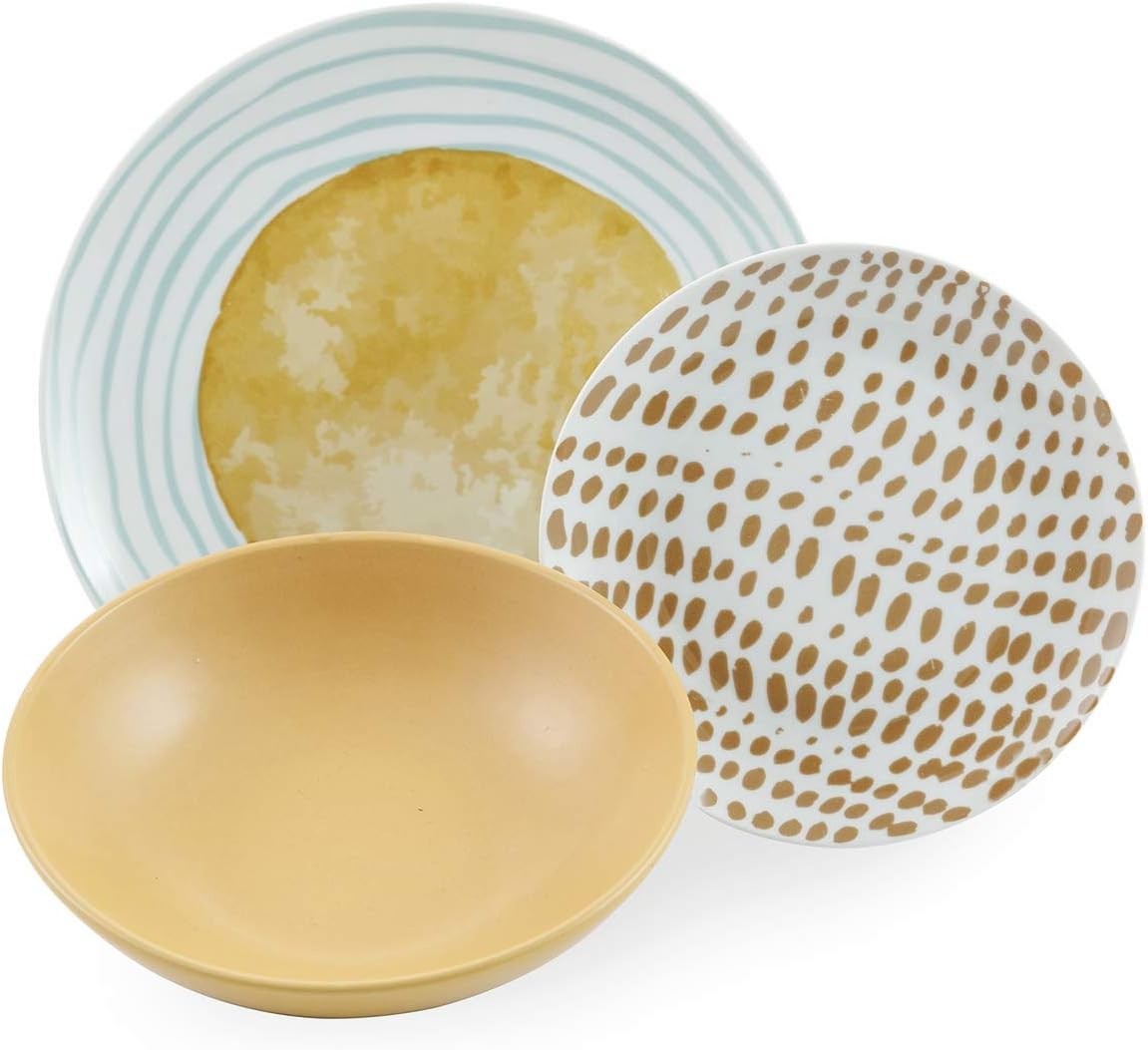 18-delig meerkleurig tafelservies – Serviesset – Serviesset – Eetservies – Bordenset – Porselein en steengoed – Magnetron- en vaatwasmachinebestendig