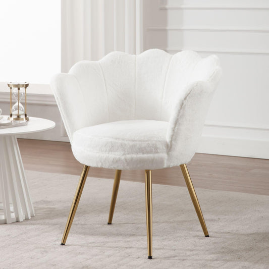 chairus Makeup Table Chair, Teddy Fabric Shell Chair, Armrest Chair, Gold Legs Lounge Chair, Armrest Chair for Living Room, White