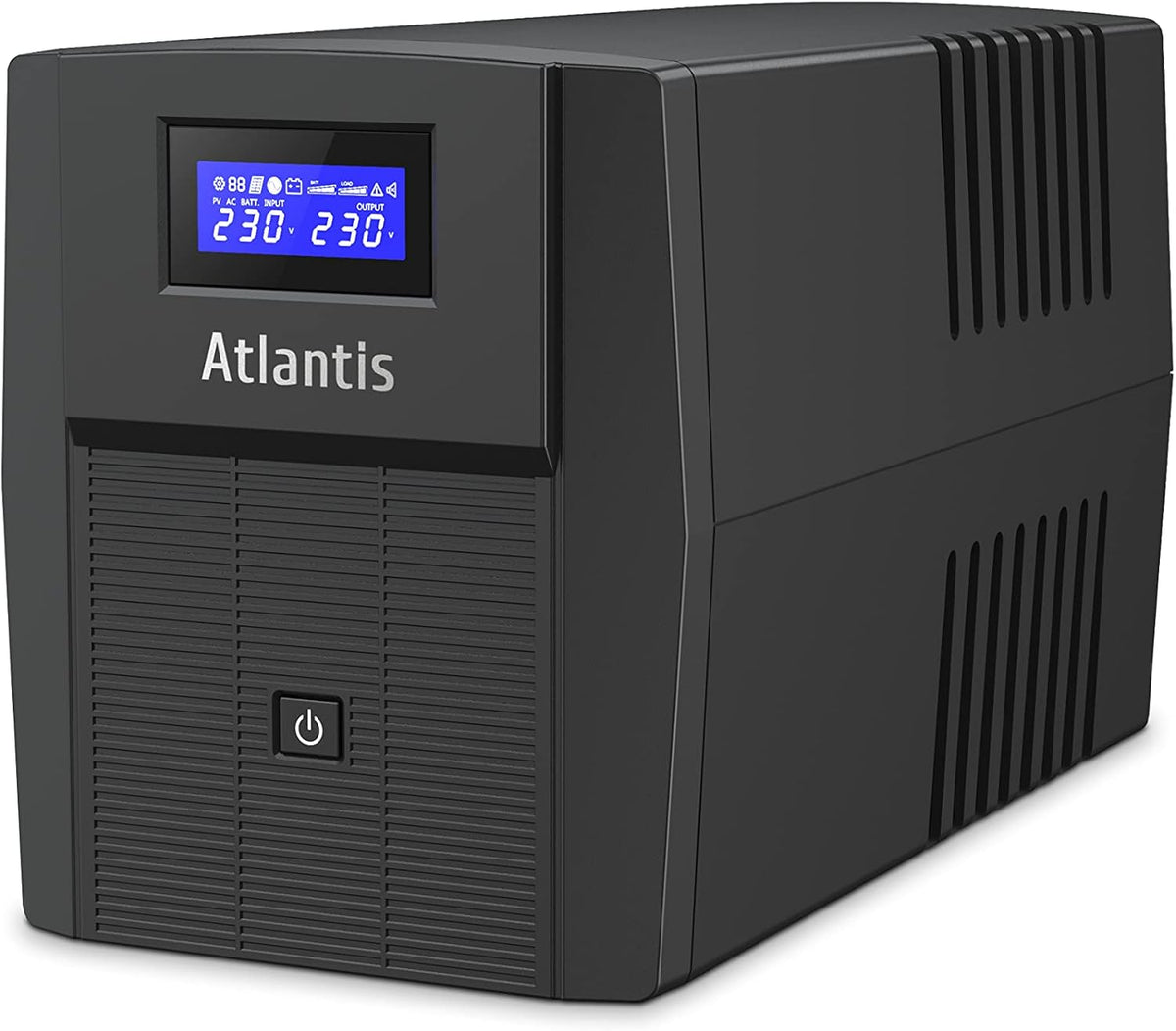 Atlantis A03-HP2003 Ononderbroken sinusgolf 1500 VA 900 W Line Interactive, LCD-display, USB-HID-aansluiting, 3 IEC-uitgangen + 2 geaarde stopcontacten + Alim-kabel, 2 accu's 12 V-9 Ah, bescherming
