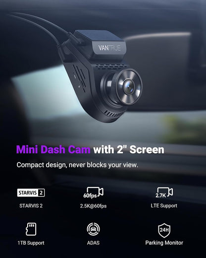 VANTRUE S1 Pro 1CH 2.5K 60FPS Verborgen Dashcam 5GHz WiFi ADAS, STARVIS 2 Platepix Nachtzicht, Dashcam Auto Front Spraakbesturing Dash Cam, GPS, 15 seconden Pre-opname Buffer Parking Mode, Max 1TB