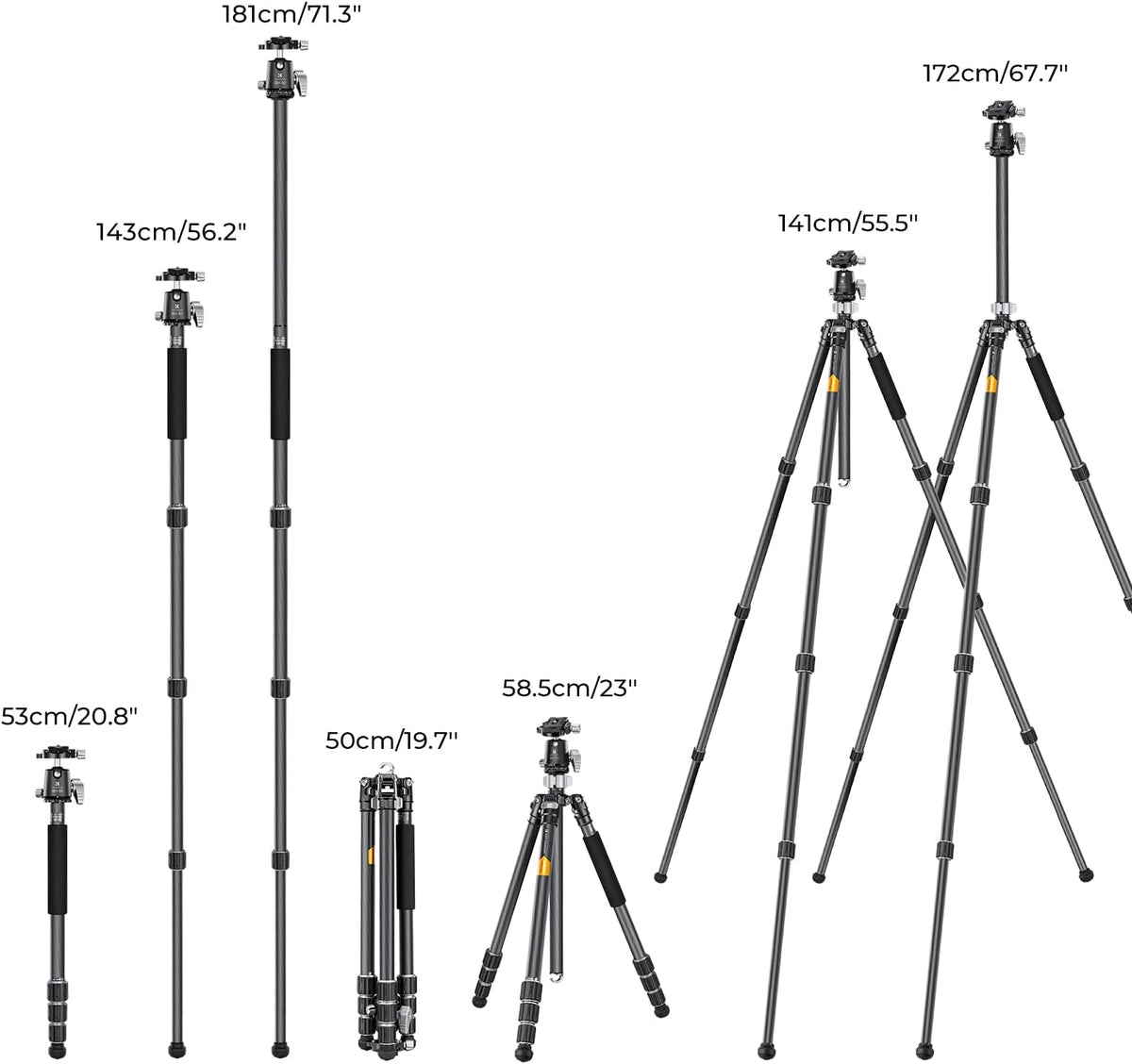 Camerastatief – Fotostatief – Reisstatief – Tripod – DSLR-statief – Koolstofvezel, 173 cm Verstelbaar – 360° Balhoofd