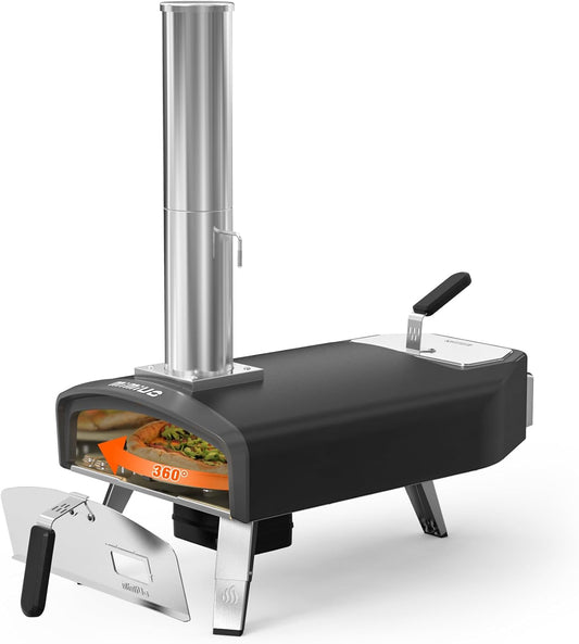 Mimiuo Pizzaoven met Roterende Functie en 33cm Rond Pizzasteen, Pizza-Houtkachel voor Houtskool en Brandhout, Outdoor Pizzaoven Voor Tuin, Camping, Draagbare Houtoven