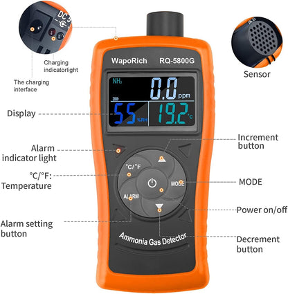 Ammoniak Gas Detector 0~100 PPM NH3 Monitor Tester, Oplaadbare Ammoniakanalyser Deeltjesdetector Professionele Meter met Temperatuur, Vochtigheid voor Pluimvee, Boerderij - RQ-5800G