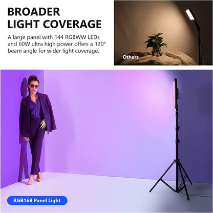 NEEWER RGB168 Videolamp, 18,3 inch, 60 W, RGB led-paneelset met statief, standaard, app-bediening, 360° volledige kleur, dimbaar, 2500K-8500K RGB videolicht/CRI 97+/17 scèneeffecten, studio-continu