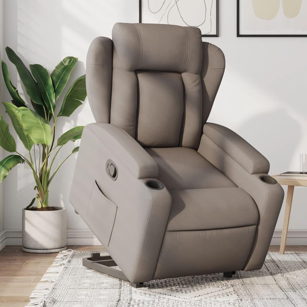 Fauteuil, zitverhoging, kantelbaar, taupe van stof, meubelstuk voor woonkamer, loungestoel, relaxstoel, stoel voor slaapkamer - QUORE