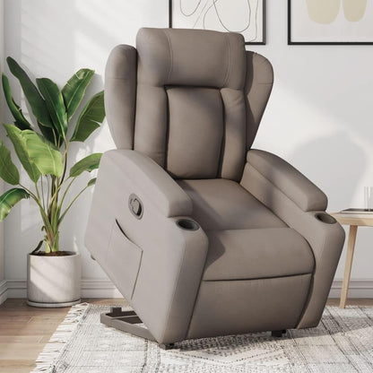 Fauteuil, zitverhoging, kantelbaar, taupe van stof, meubelstuk voor woonkamer, loungestoel, relaxstoel, stoel voor slaapkamer - QUORE