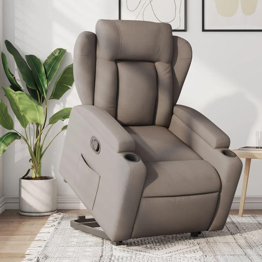 Fauteuil, zitverhoging, kantelbaar, taupe van stof, meubelstuk voor woonkamer, loungestoel, relaxstoel, stoel voor slaapkamer - QUORE