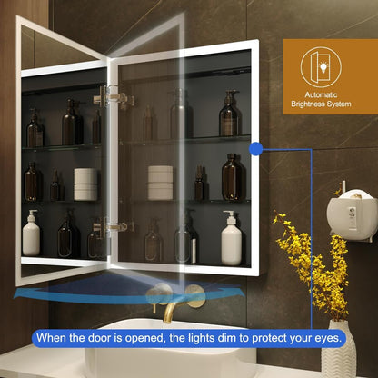 KWW LED Illuminated Bathroom Medicine Cabinet with Sockets and USBs, Dimmable, 3 Colors Light Makeup Mirror, Easy to Install, Wall Mounted Cabinet (Left Hinge - 20x28) - QUORE