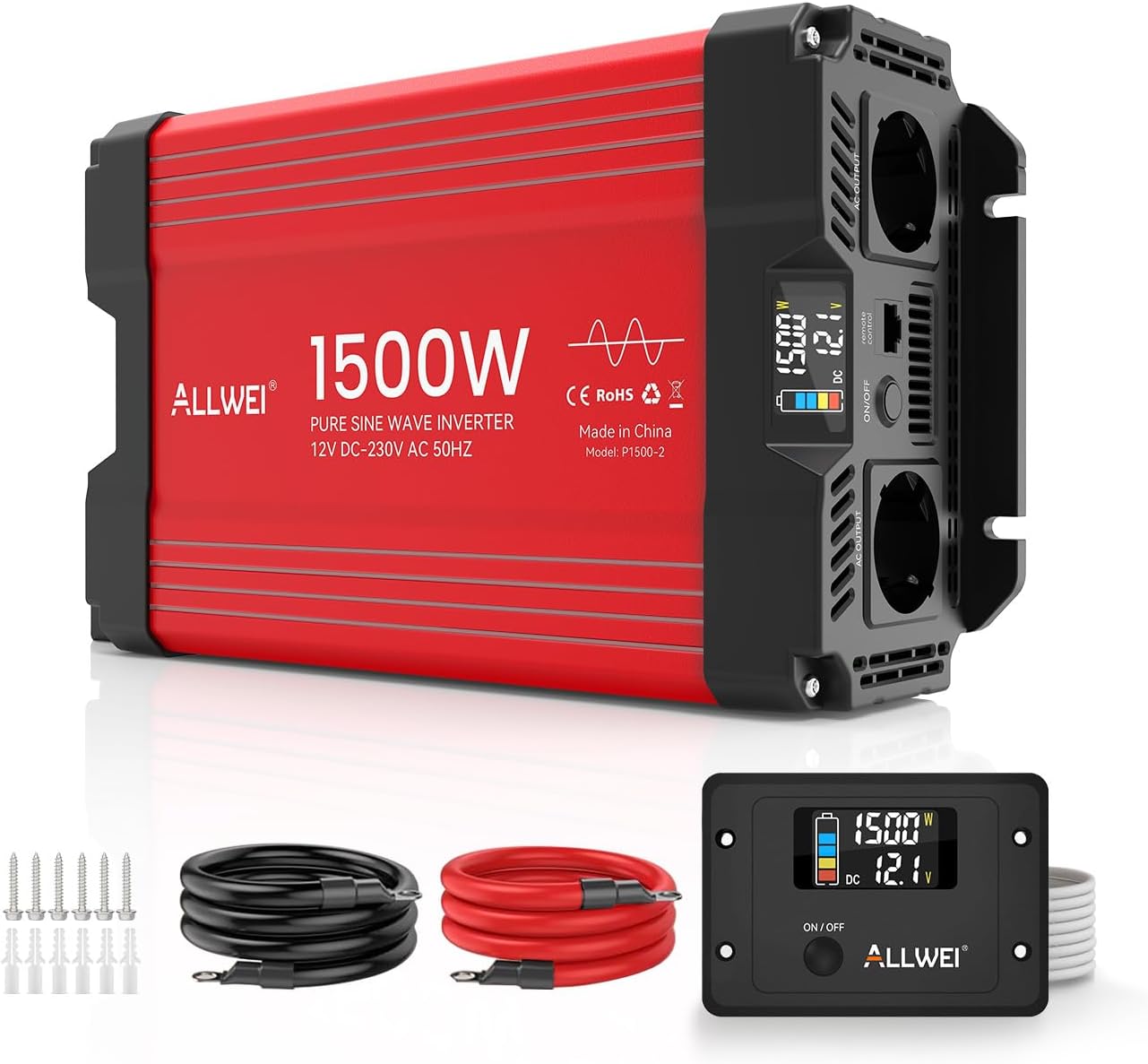 ALLWEI 1500 W zuivere sinus omvormer, 12 V naar 230 V, spanningsomvormer voor thuis, camper, vrachtwagen, netonafhankelijke zonne-installaties, omvormer, inverter 12 V 220 V, piekvermogen 3000 W