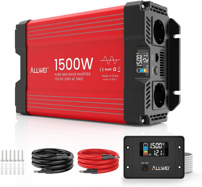 ALLWEI 1500 W zuivere sinus omvormer, 12 V naar 230 V, spanningsomvormer voor thuis, camper, vrachtwagen, netonafhankelijke zonne-installaties, omvormer, inverter 12 V 220 V, piekvermogen 3000 W