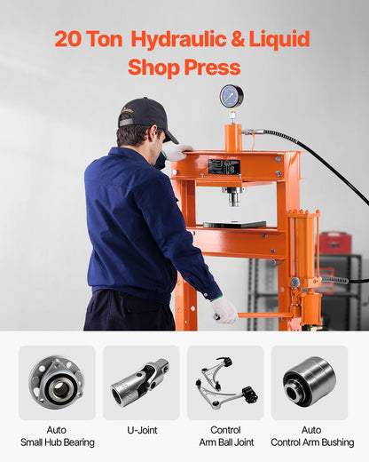 VEVOR Manual workshop press, workshop press with H-frame 20 T with pressure plate 0.8-1.2 MPa, adjustable hydraulic press for garage floors to bend