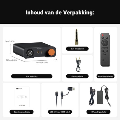Fosi Audio ZH3 DAC-hoofdtelefoonversterker, Volledig Symmetrisch Voorversterker met AKM4493SEQ XMOS XU316 PCM 768 kHz voor Versterkers, USB/OPT/COAX/RCA/12V Trigger-in, XLR/RCA/4,4mm/6,35 mm-uit.