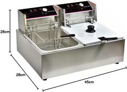 Friteuse 6 liter roestvrij staal, instelbare thermostaat met zeef 2500W (6L + 6L)