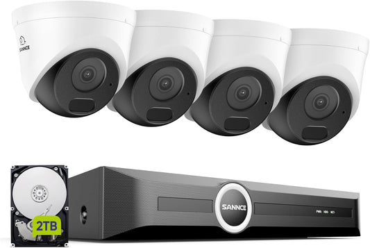 SANNCE Videobewakingssysteem PoE 5 MP, NVR 8CH met 4 IP-camera's voor buiten, IP66, bewegingsdetectie, harde schijf 2 TB