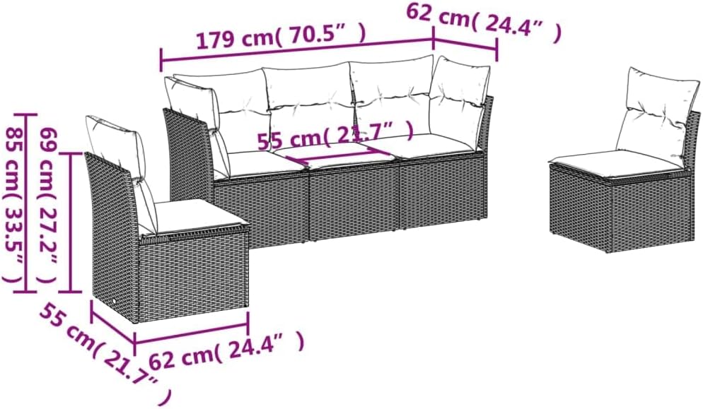 vidaXL 5-delige Loungeset met kussens poly rattan beige, tuinset, tuinmeubel, terrasset, tuinbank, terrasmeubel, loungebank, loungeset tuin - QUORE