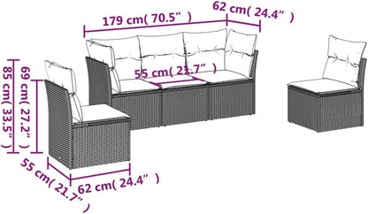 vidaXL 5-delige Loungeset met kussens poly rattan beige, tuinset, tuinmeubel, terrasset, tuinbank, terrasmeubel, loungebank, loungeset tuin - QUORE