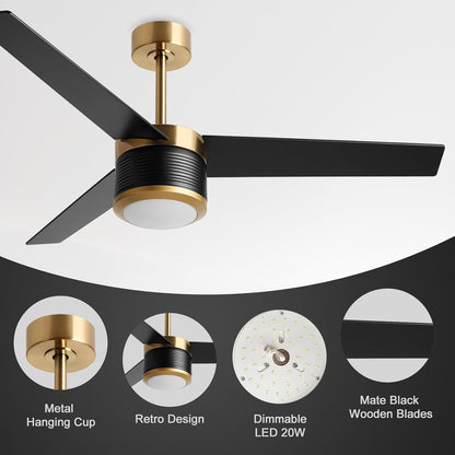 reiga 132 cm zwarte plafondventilator met lampen en afstandsbediening, dimbaar ledlicht met 3 kleurtemperaturen, stille motor, 3 zwarte vleugels, modern, voor binnen en buiten