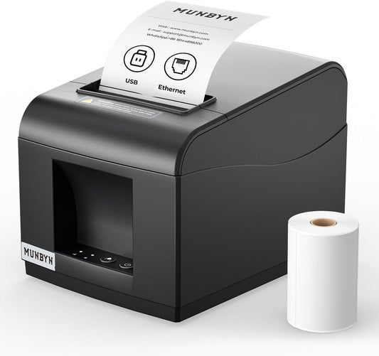MUNBYN ITPP072 Bondrukcer Thermoprinter, 80 mm, POS-printer met USB + LAN-aansluiting, ontvangstprinter, compatibel met Android, Windows ChromeOS Linux, ondersteunt geen bluetooth-verbinding