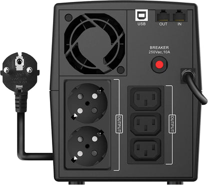 Atlantis A03-HP2003 Ononderbroken sinusgolf 1500 VA 900 W Line Interactive, LCD-display, USB-HID-aansluiting, 3 IEC-uitgangen + 2 geaarde stopcontacten + Alim-kabel, 2 accu's 12 V-9 Ah, bescherming