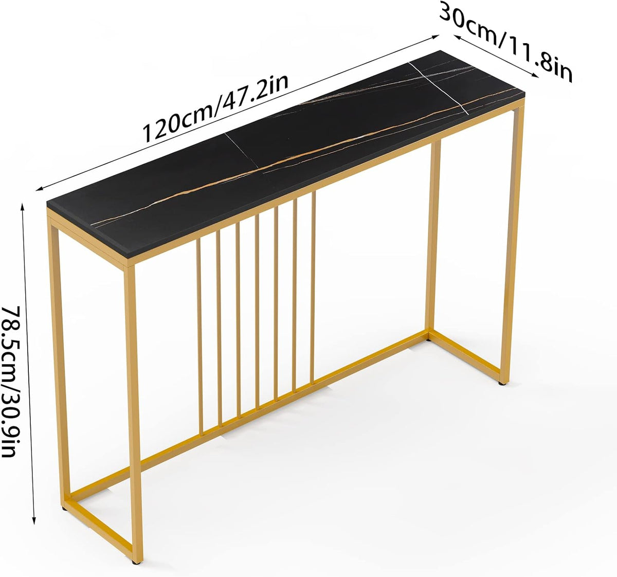 FATIVO Consoletafel marmer smal goud: entree tafel 120 cm Scandinavisch met goud metalen frame, gangtafel voor slaapkamer woonkamer 120 × 30 × 79 cm zwart