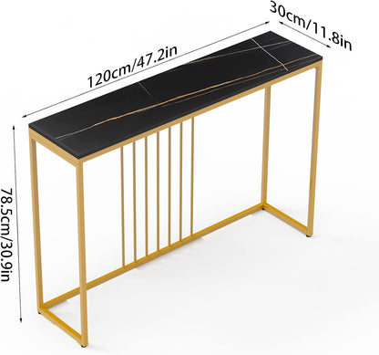 FATIVO Consoletafel marmer smal goud: entree tafel 120 cm Scandinavisch met goud metalen frame, gangtafel voor slaapkamer woonkamer 120 × 30 × 79 cm zwart