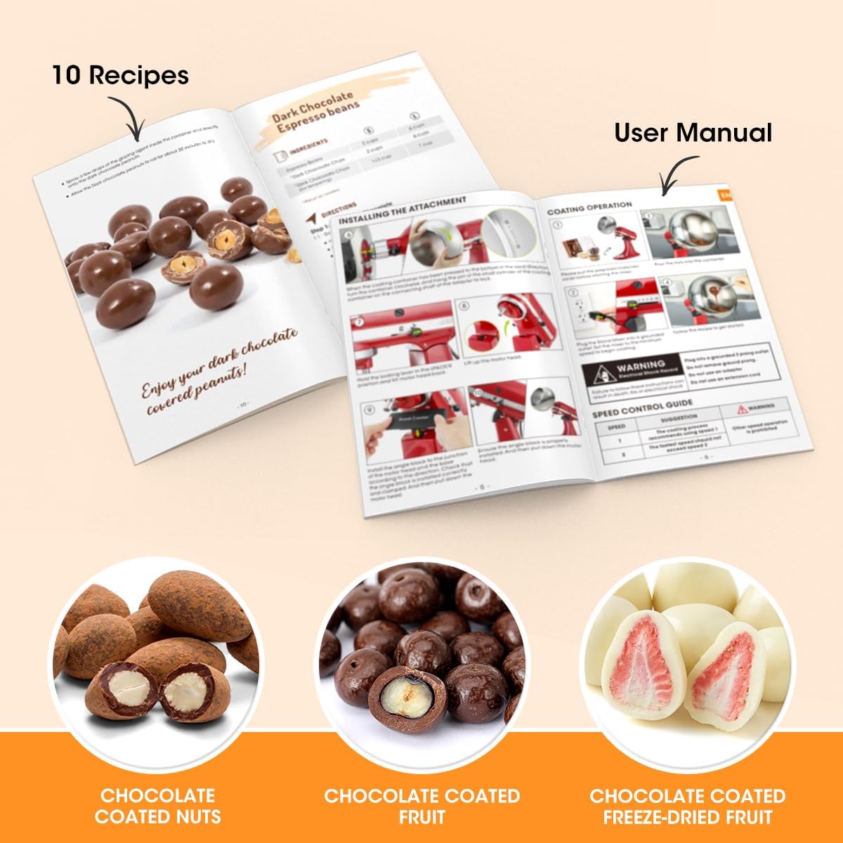 Aieve Snack Coater Compatible with KitchenAid Tilt-Head Stand Mixer for Making Chocolate Covered Almonds, Pistachio, Peanut, Freeze-Dried Strawberry, Raisins, Macadamia Nuts, Blueberry