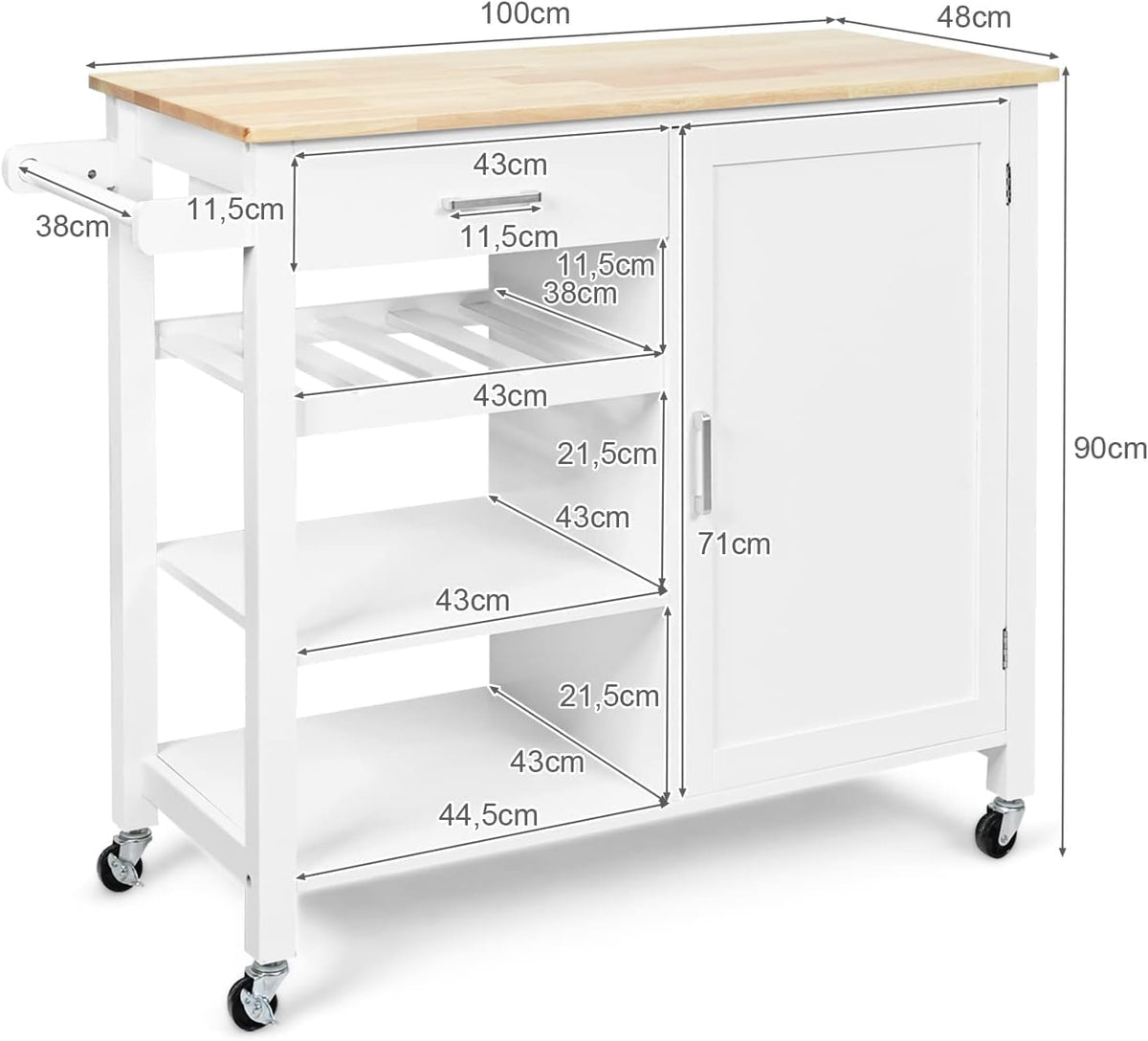 FANTASK Houten keukentrolley op wieltjes, wijnrek & handdoekhouder, keukeneiland met laden, serveerwagen met werkblad, wit