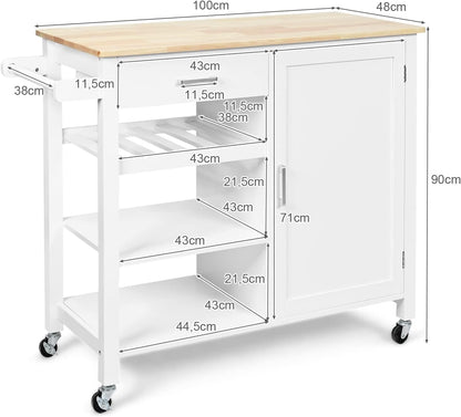 FANTASK Houten keukentrolley op wieltjes, wijnrek & handdoekhouder, keukeneiland met laden, serveerwagen met werkblad, wit