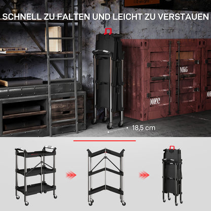 Gereedschapswagen – Werkplaatswagen – Trolley – Gereedschapstrolley – Opvouwbare kar – 3 Lagen Opbergruimte – Duurzaam Kunststof en Staal – Zwart