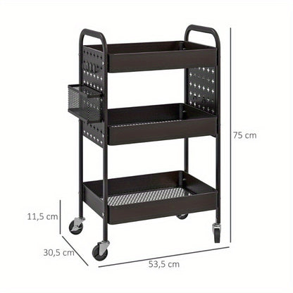 Opbergwagen – Serveerwagen – Keukenwagen – Trolley – Zwenkwielwagen – RVS Zwart – 3 Laags Met 2 Zijmandjes