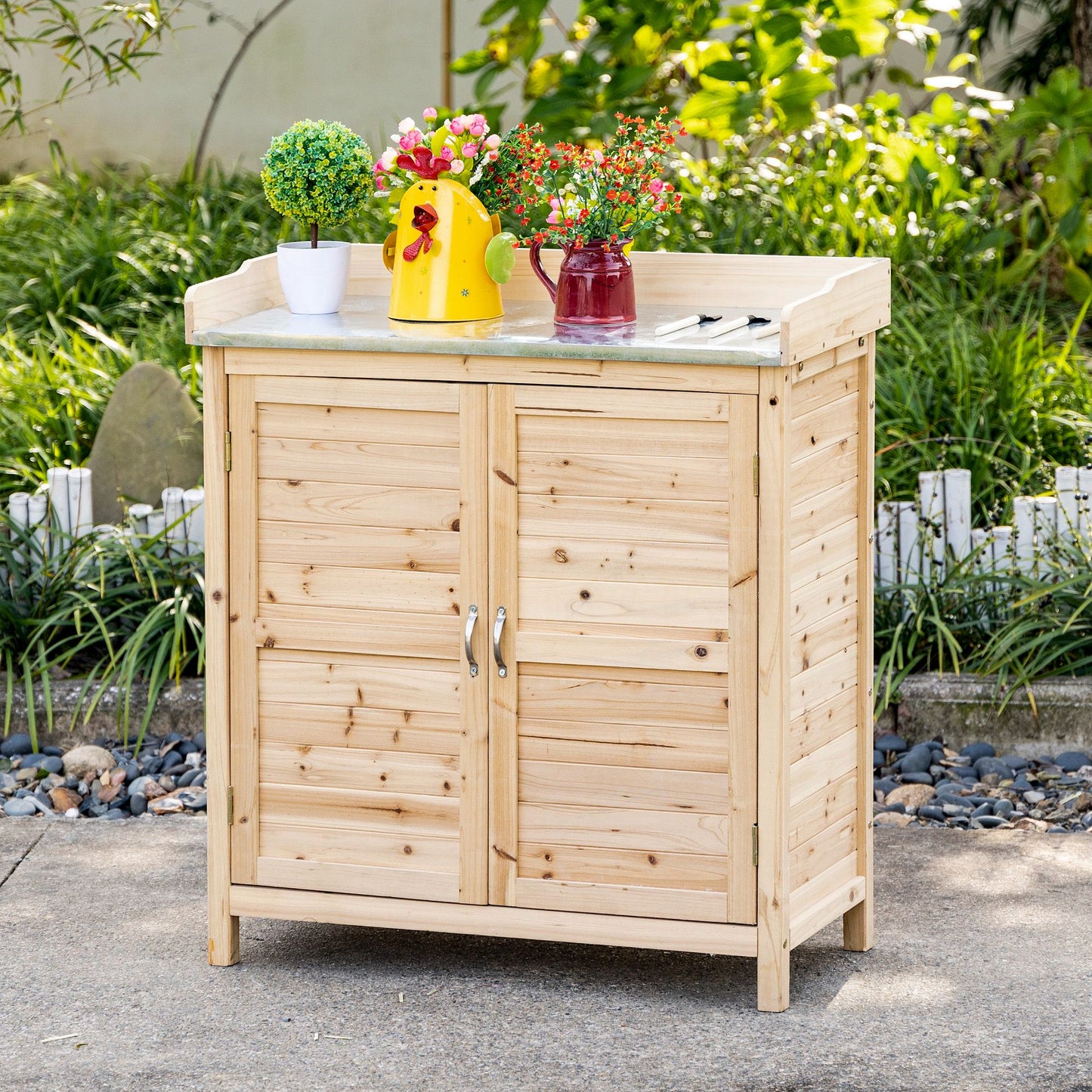 Tuinkast – Tuinmeubel – Gereedschapskast – Opbergkast – Natuurlijke Variant – Massief Vurenhout – Gegalvaniseerd Stalen Werkblad – 83x40x92 cm