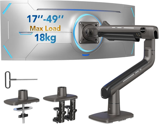 HUANUO Heavy Duty monitorarm voor ultrabrede schermen tot 49", draagt 18kg, ultrabrede schermbureaubevestiging, volledig verstelbare monitorstandaard met C-klem, ringvoet, VESA 75/100