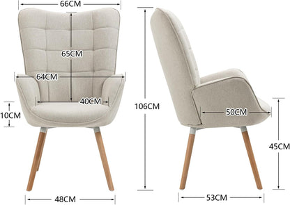 MEUBLE COSY Leunstoelen, scandinavische vrijetijds leunstoel, met stoffen bekleding, gewatteerde armleuningen en massief houten poten, voor woonkamer, slaapkamer, kantoor, vanity, beige, 66x53x106cm
