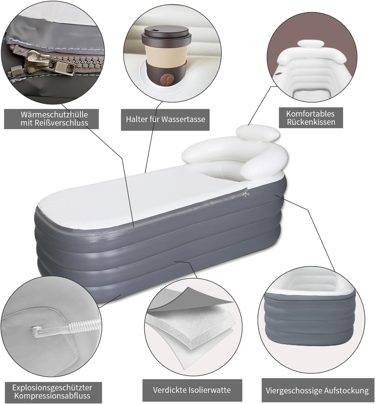 Opblaasbaar Inweekbad Voor Volwassenen – Draagbaar Ijsbad, Spa Bad, Opblaasbaar Bad, Ontspanningsbad – Ruim Formaat 164 x 84 x 51 cm – Met Hoofdsteun En Bekerhouder