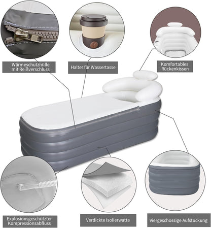 Opblaasbaar Inweekbad Voor Volwassenen – Draagbaar Ijsbad, Spa Bad, Opblaasbaar Bad, Ontspanningsbad – Ruim Formaat 164 x 84 x 51 cm – Met Hoofdsteun En Bekerhouder