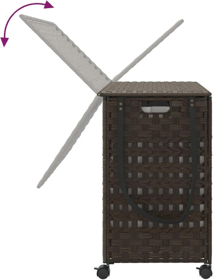Wasmand Met Wieltjes – Wasbak – Laundry Basket – Wascontainer – Wasmand Rattan – Handgeweven Rattan & 3 Vakken – Inclusief Wielen Met Remmen