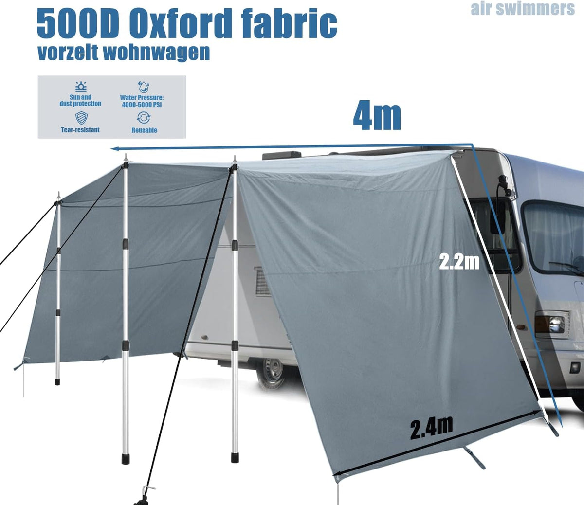 Voortent Caravan Met Rail 4 x 2,4 m (4-7 mm), Zonnezeil, Drie Zijden Tarp Met Stangen, Stormband voor Voortent, Campingaccessoires