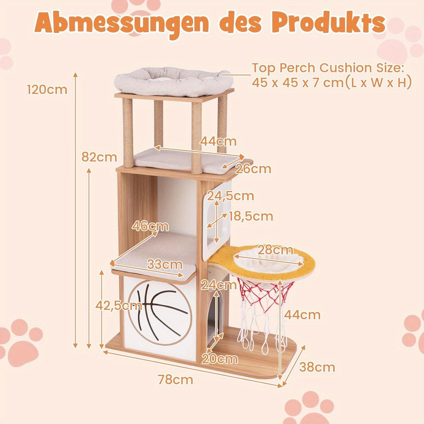 Krabpaal – Krabmeubel – Kattenboom – Kattenhuis – Kattenmeubel – 120 cm Hoog – Natuurlijke Houten Constructie Met Hangmat Basketballoop
