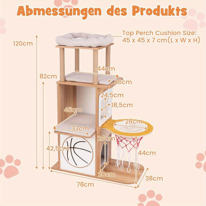 Krabpaal – Krabmeubel – Kattenboom – Kattenhuis – Kattenmeubel – 120 cm Hoog – Natuurlijke Houten Constructie Met Hangmat Basketballoop
