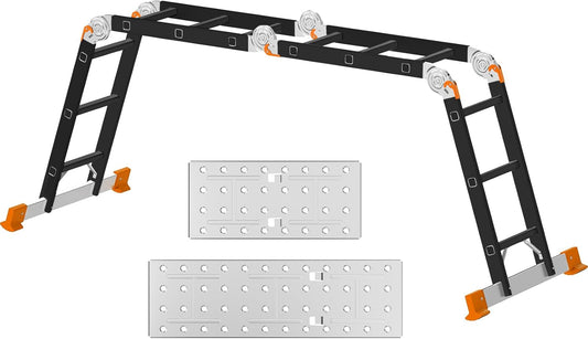 AMHANCIBLE Multifunctionele ladder, 3,4 m aluminium ladder, 4 x 3 treden, trapladder, huishoudladder, tot 150 kg, 12 treden, TÜV/GS-gecertificeerd, antislip, stabiel en robuust, Zwart Oranje EBAL01RN