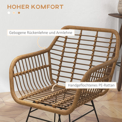 Eetkamerstoelen – Keukenstoelen – Stoelen Set – Woonkamerstoelen – Balkonstoelen – Lichtbruin Polyrattan – Zwarte Stalen Poten – Ergonomisch Design – Anti-slip Voetendoppen